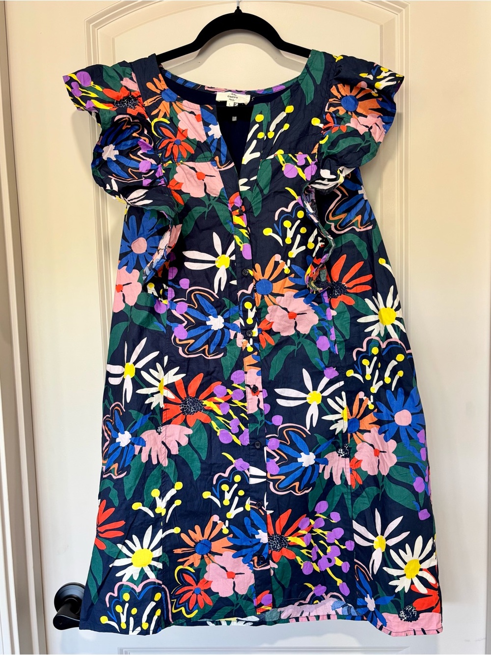 Floral Cotton Dress By Entro Multi-colors Ruffle Sleeves Lined